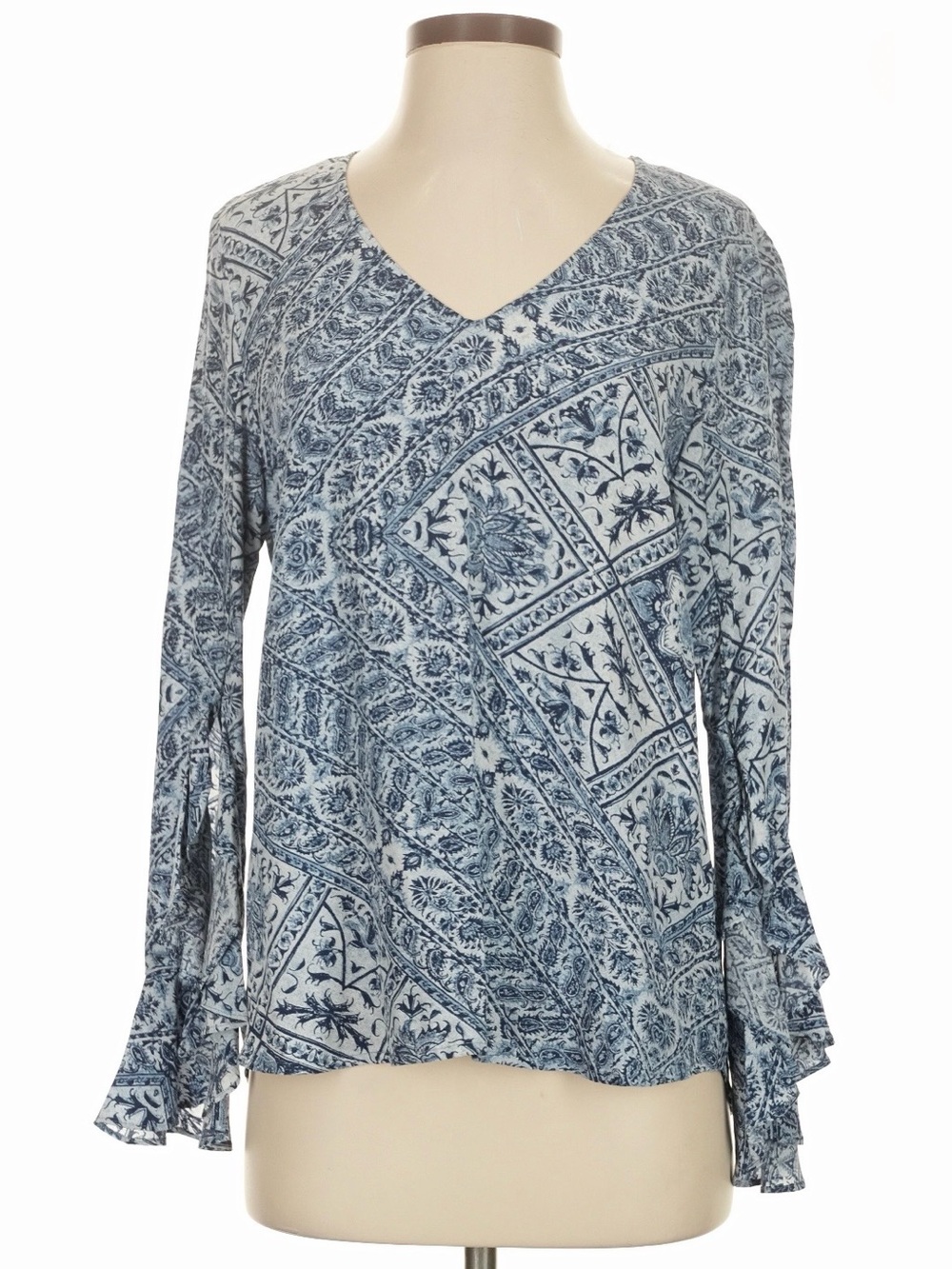 Karen Kane Light Blue Paisley V-Neck Ruffle Cuff Blouse